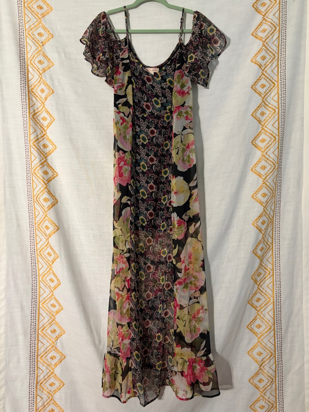 Band of Gypsies Black Floral Maxi Dress with Pink and Yellow Blooms